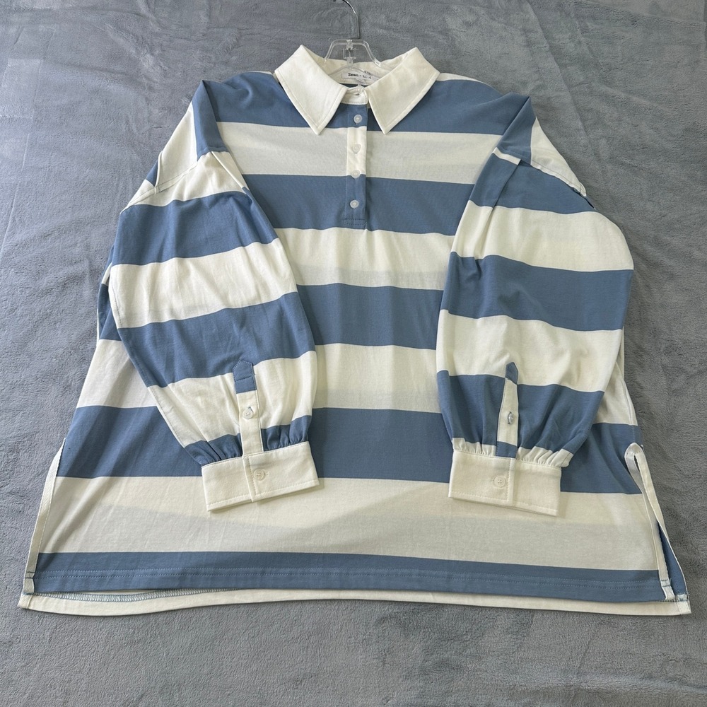 NWT Sewn + Seen Rugby Blue White Striped Oversized Polo Shirt Medium